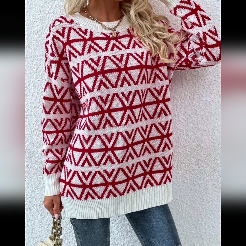 Red & White Geometric Sweater - Picture 5 of 7